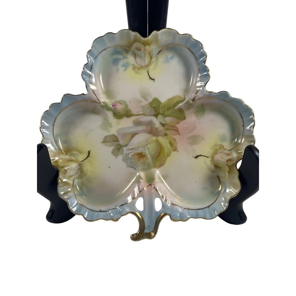 Vintage Royal Rudolstadt Prussia Hand Painted Clover Dish Vanity Trinket Porcela